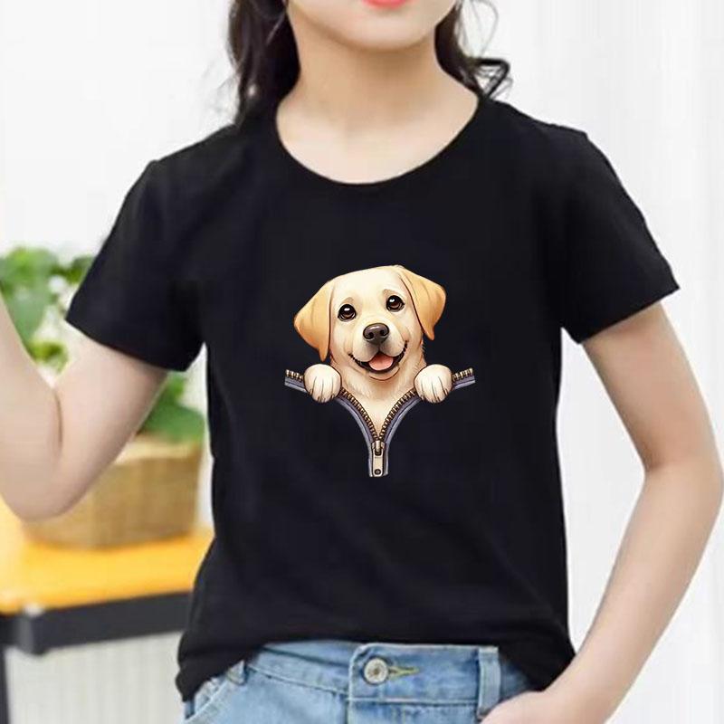 Kids Cotton T Shirt Cute Labrador Retriever Dog Zipper Print Crew Neck Short Sleeve Tee Casual Boys Girls Summer Tops