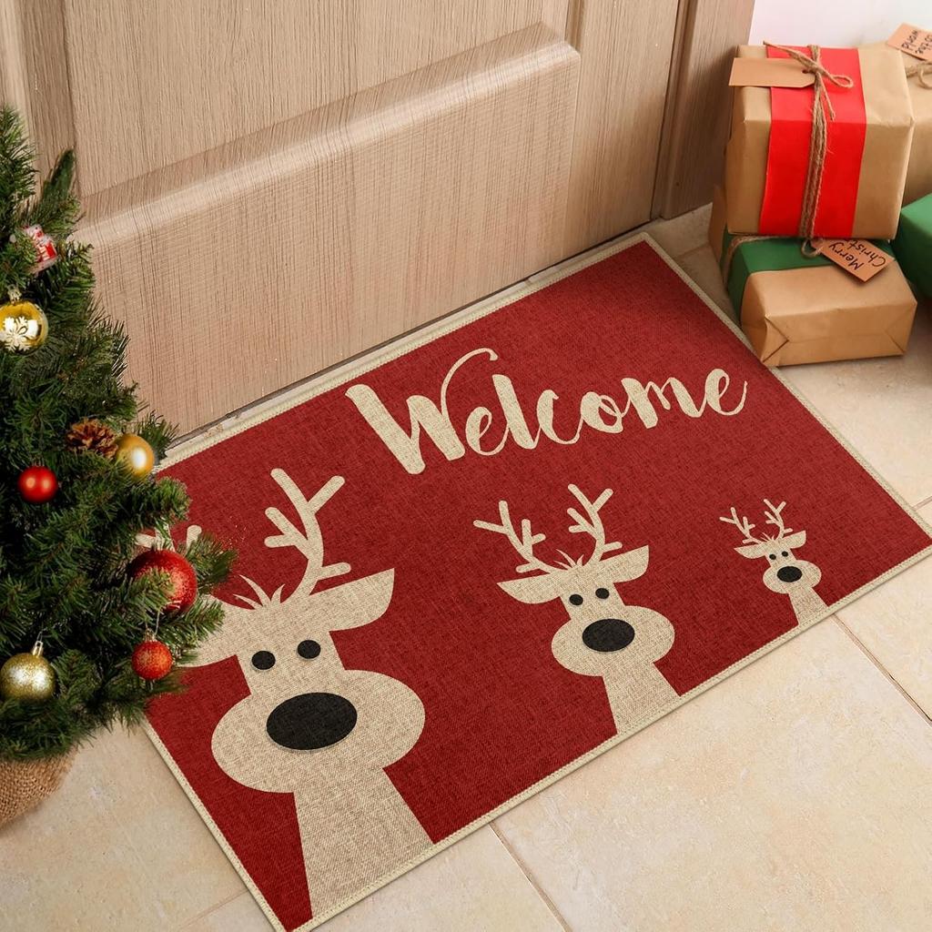 Christmas Reindeer Red Carpet Welcome Doormat Family Farmhouse Fun Kitchen Outdoor Indoor Entrance Decorated Floor Mat