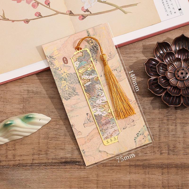 Retro Chinese Landscape Brass Bookmark Hollow-out Mountains Scene Boor Tak with Silk Tassel  Antique Gift for Book Lovers