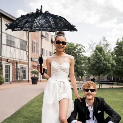 Vintage Lace Embroidery Umbrella Long Handle Lightweight Decorative Umbrella Wedding Party Bridal Dance Stage Performance Parasol Photography Props