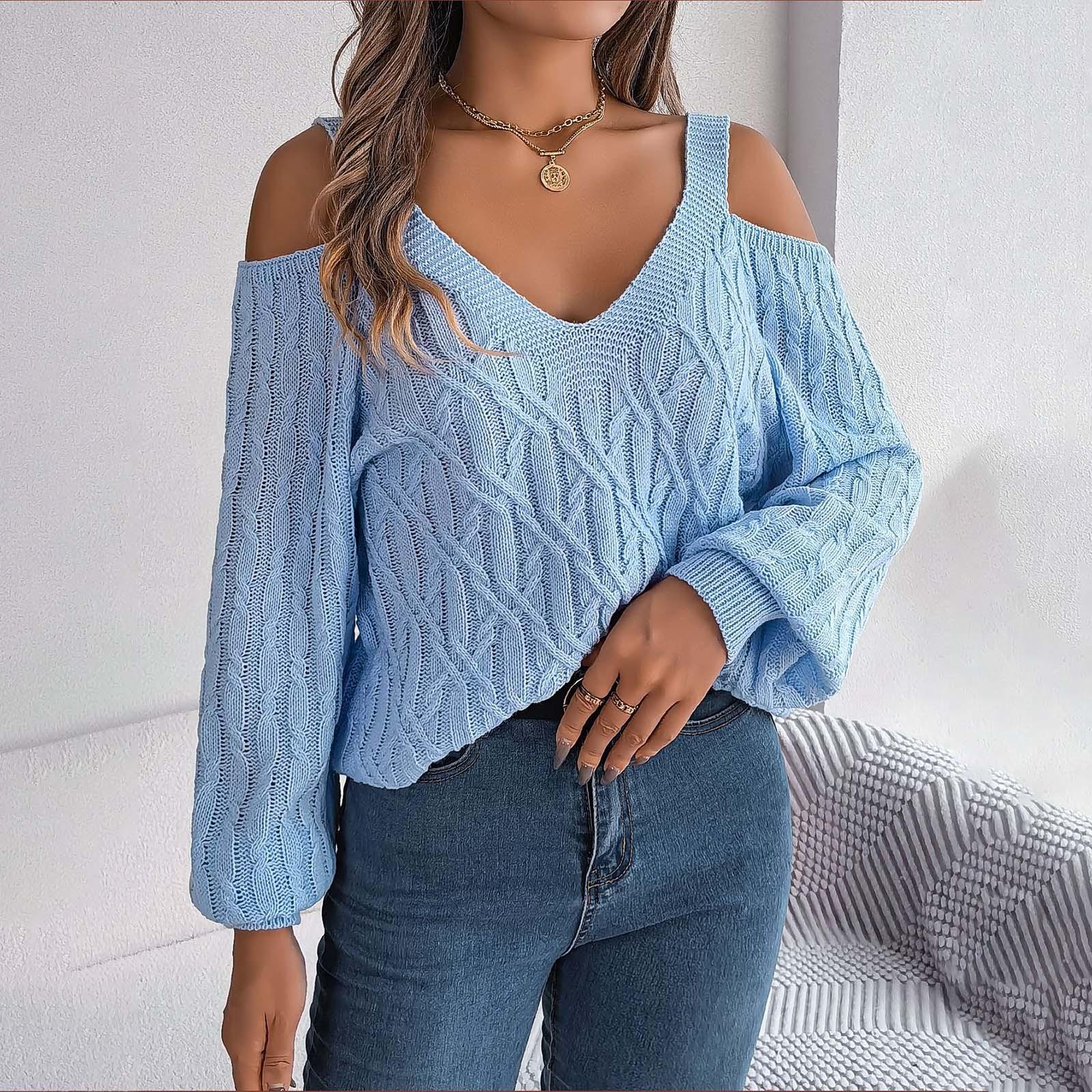 

Женская мода с v-образным вырезом и длинными рукавами, однотонный свободный свитер на плечах L