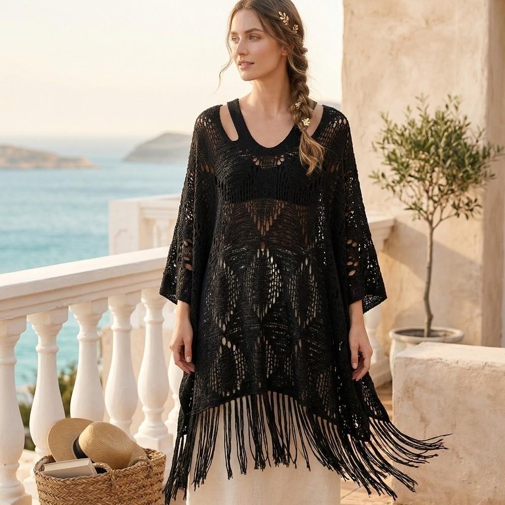 Sun Protection Bohemian Shawl Plus Size Crochet Top Women Simple Knit Hollow Out Top Women