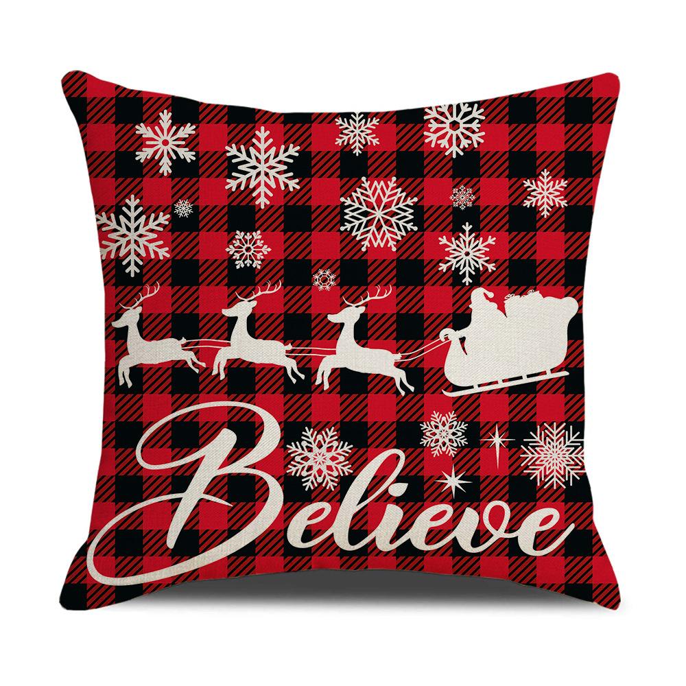 Red and Black Plaid Christmas Pillow Cover Cartoon Print Linen Sofa Cushion Cover Pillow
