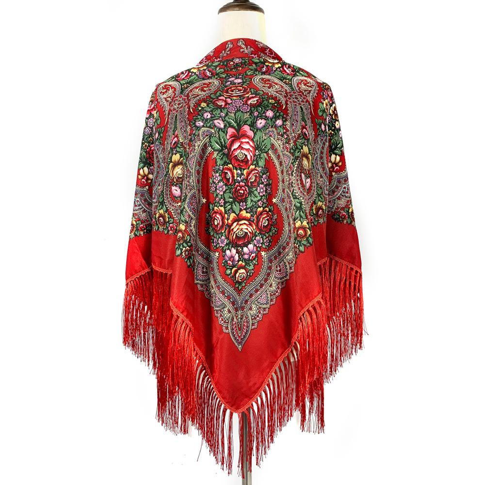 135*135cm Women Russian National Square Scarf Ukrainian Fringed Banadna Handkerchief Ethnic Shawls Babushka Head Wraps
