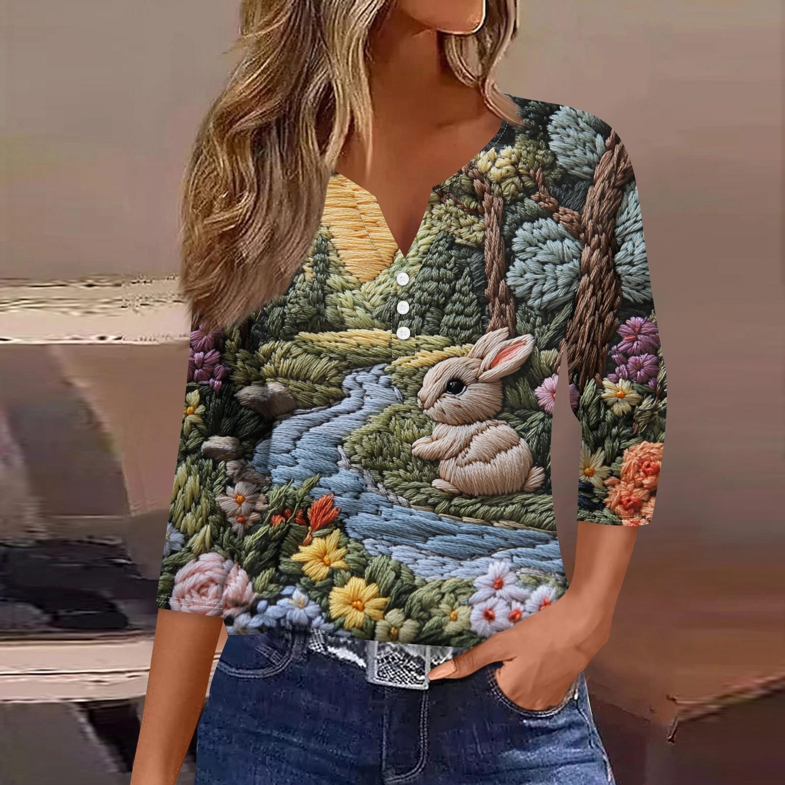 

Жен. Футболка Футболка С принтом Пуговицы Рукав 3/4 Повседневные Выходные Мода Классический V-образный вырез Обычный Топ L армия зеленый