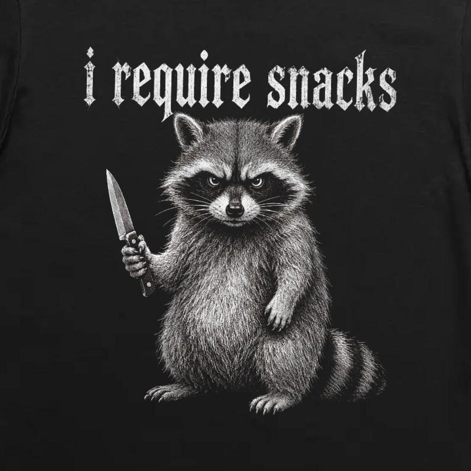 I Require Snacks Raccoon T-Shirt, Funny Knife Trash Panda Gothic Animal Meme Tee XL