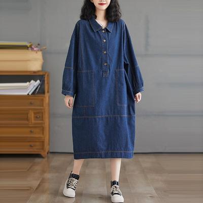 Dames Casual Lange Jurk Omgeslagen Kraag Effen Kleur Losvallende Vrouwelijke Denim Jurken