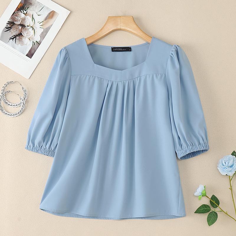 

ZANZEA Женская повседневная блузка с квадратным вырезом, рукавом 3/4 и свободного кроя S синий