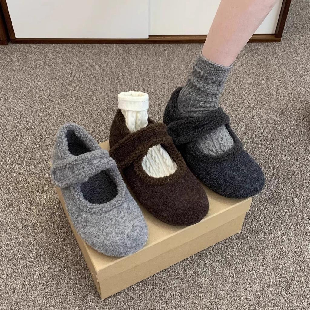 Single shoes with Mary Jane shoes, cotton shoes, skirts, warm soft soles, women's velvet inner height increase, fluffy shoes inner height increase