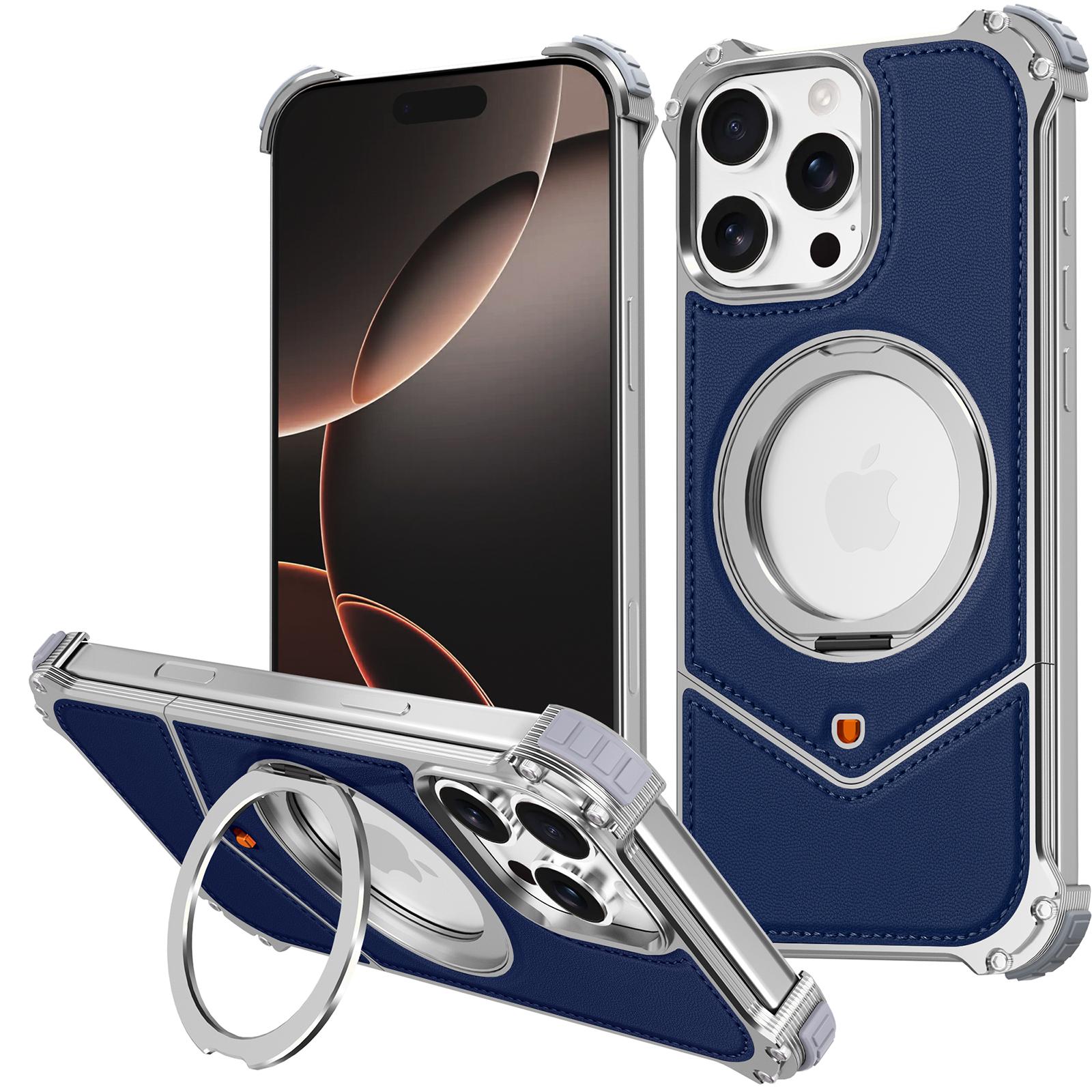 

For iPhone 16 Pro Max Case PU Covered Metal Boardless Phone Back Cover with Kickstand Blue