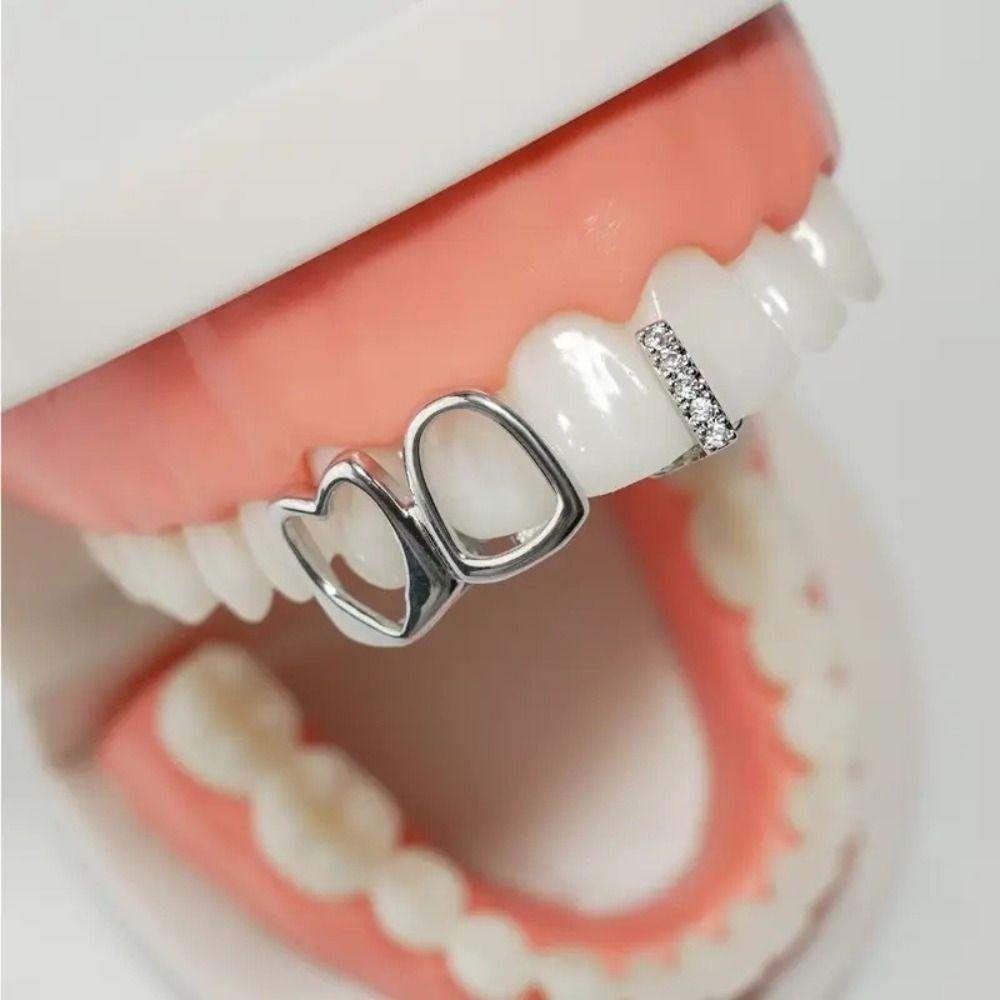1/2pcs Hip Hop Hollow Heart Tooth Grillz Rhinestone Dental Grills Wearable Tooth Jewelry  Daily