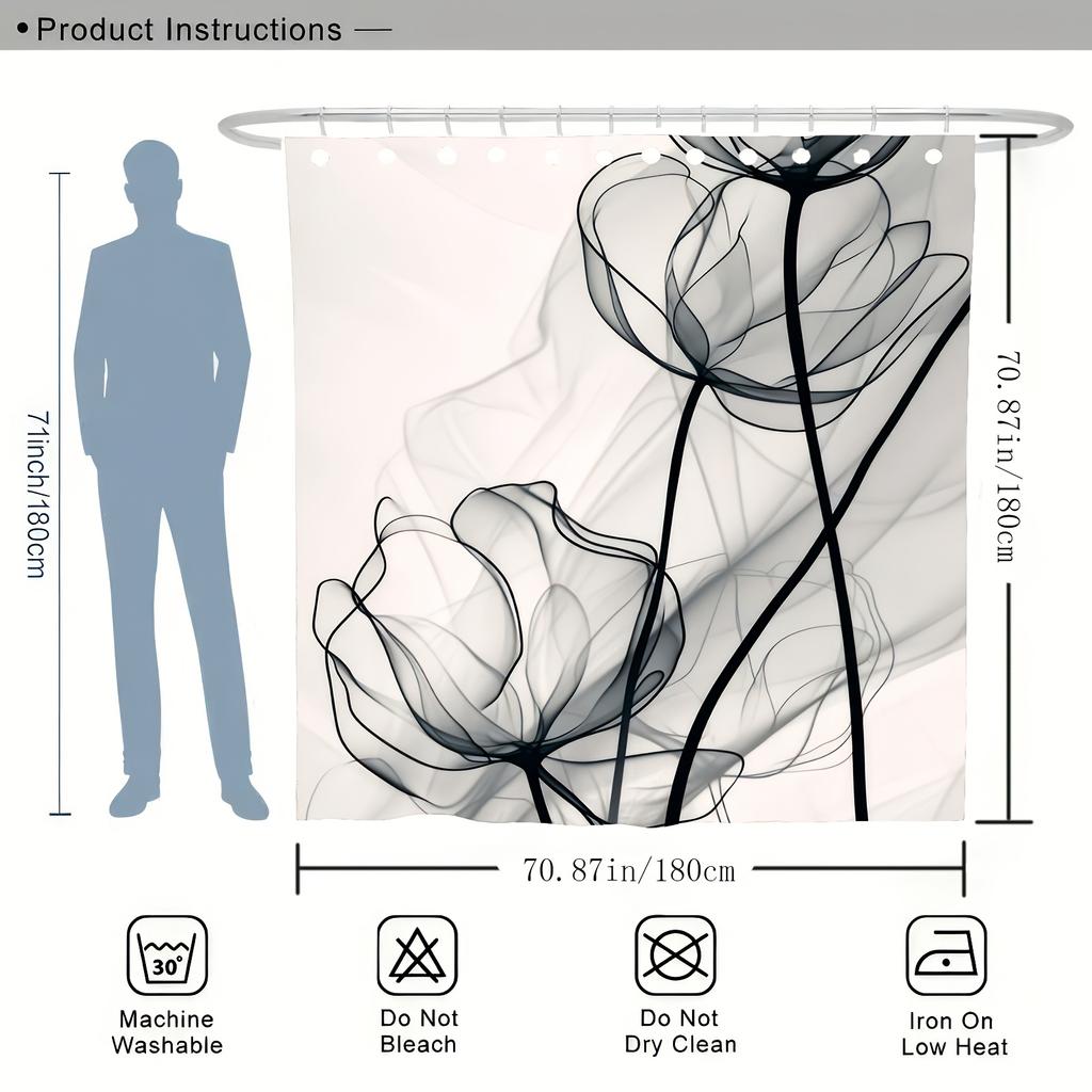 Abstract Art Flower Pattern Digital Printing Shower Curtain, Bathroom Home Decoration, Complimentary Hook, Machine Washable
