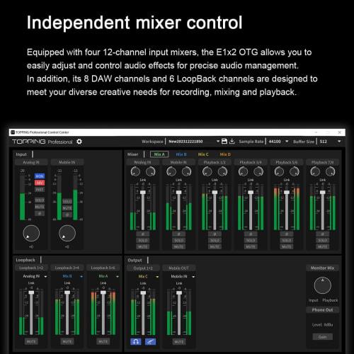 TOPPING Professional E1X2 OTG 1-in/2-out Audio Interface, Audio Mixer for Streaming, DTM, Mixing, Music Production, Singing, and more. USB Type-C Moni