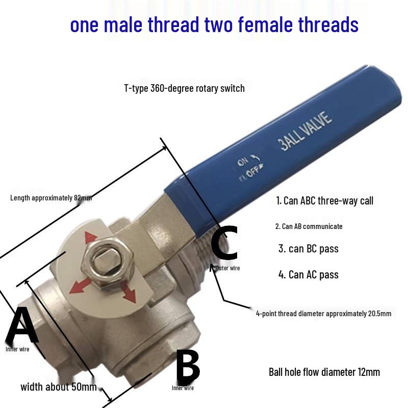 

Триходовий кульовий кран з нержавіючої сталі з перемикачем, зовнішня різьба 1/2 3/4 1 , один вхід, два виходи