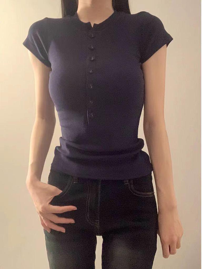 Women's Summer Shoulder Design Slim Fit Round Neck Short-Sleeved T-Shirt