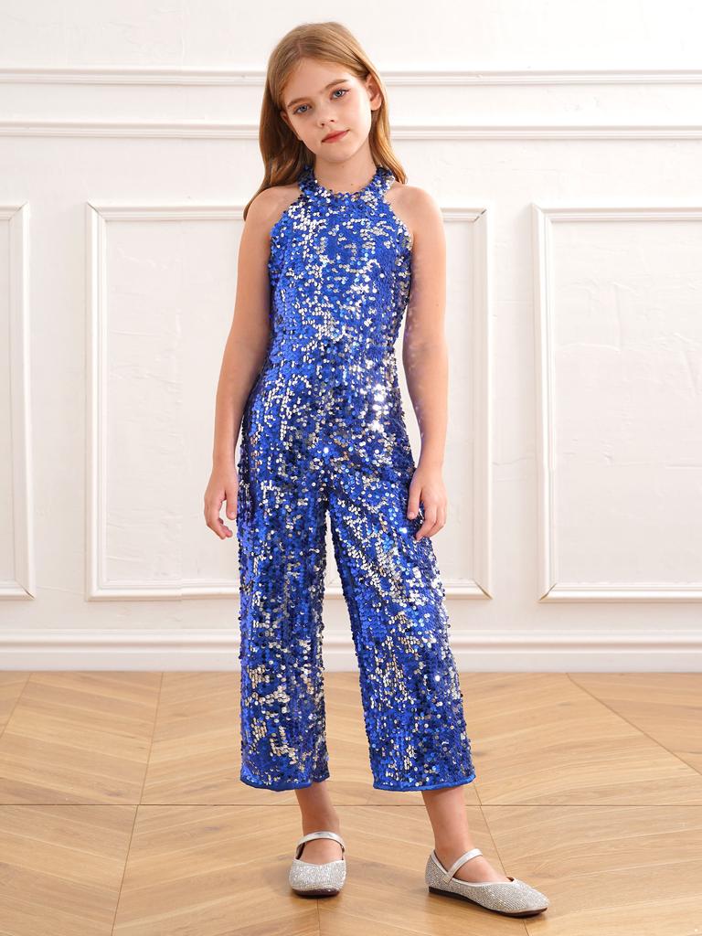 Dziecięcy dziewczęcy kombinezon z halterem, błyszczące cekiny, jazzowy, latynoski, bez rękawów, z wysokim stanem, z długimi spodniami
