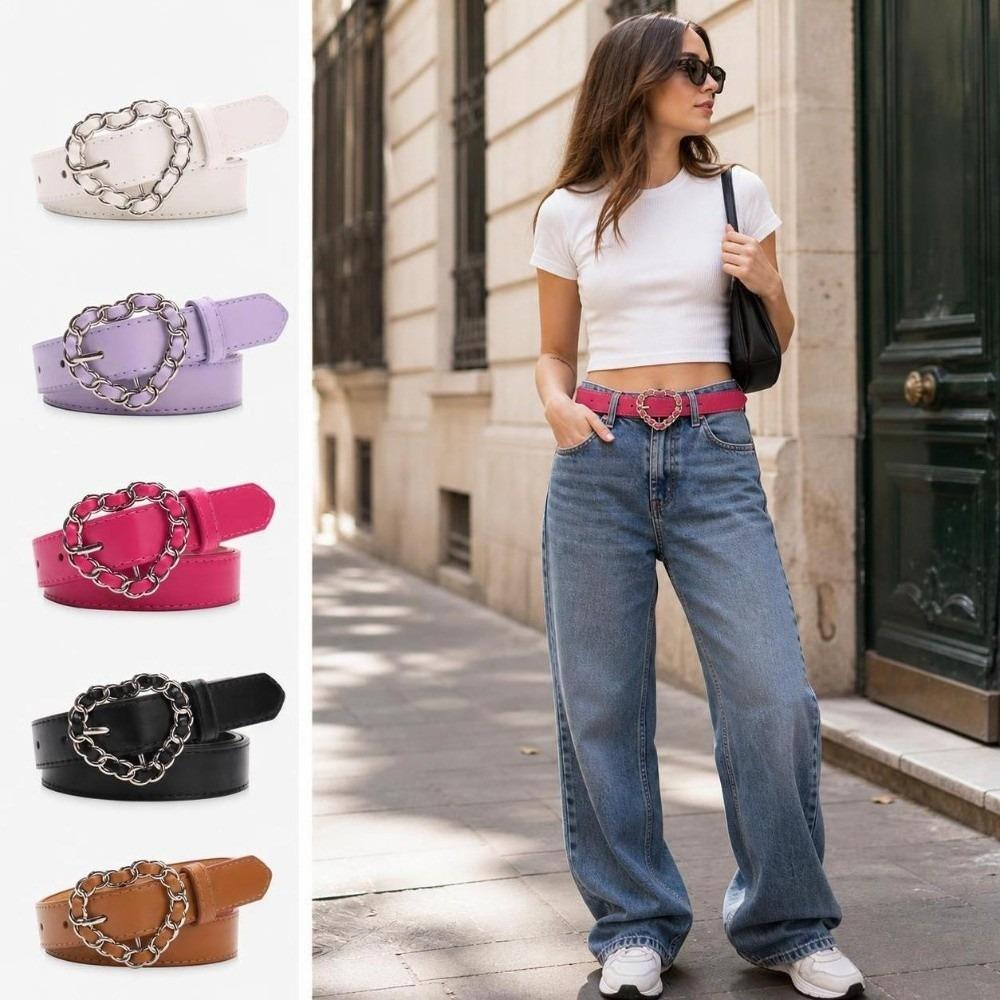 Adjustable Decorative Waist Belt Y2K PU Leather Belt Heart Buckle Belt  For Dress Jeans Skirt
