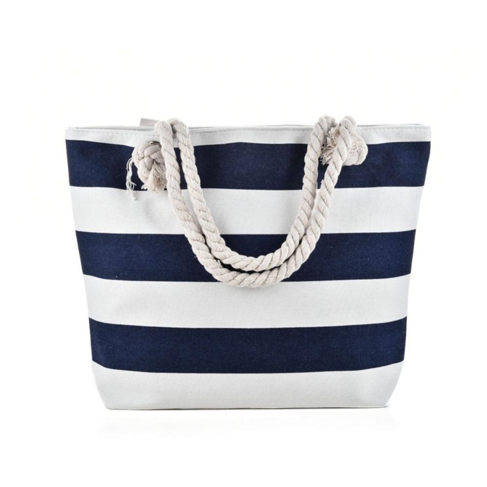 Striped Beach Tote Bag Canvas Foldable Shoulder Bag Zipper Large Capacity Travel Handbag For Travel Work Beach Gym Store