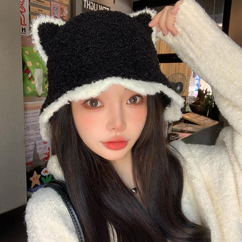 1Pieces Bucket Hat Cute Cat Ear Wool Autumn And Winter Warm Chic Knitted Hat For Women Mountaineering Scarf