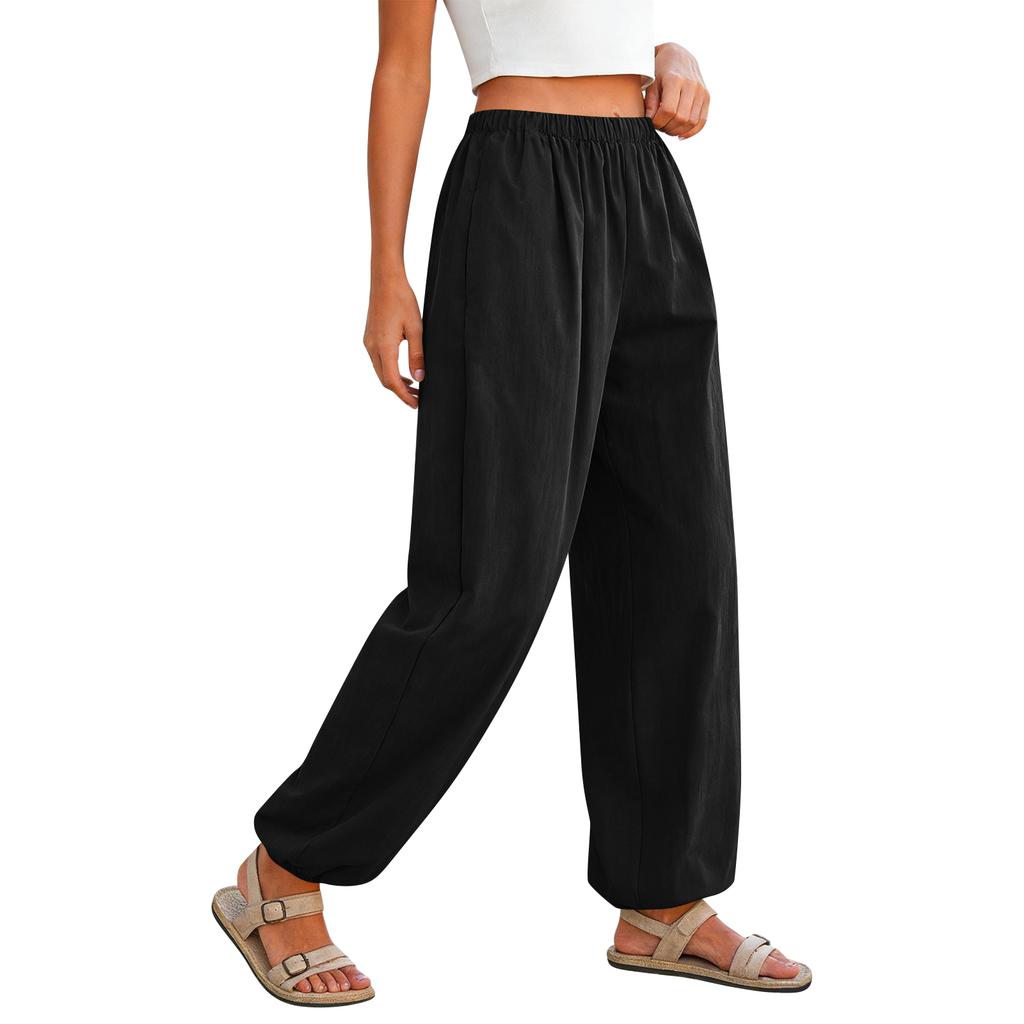 Women Loose Fit Elastic Waist Wide Leg Pants Casual Baggy Drawstring Trousers Lightweight Breathable Fabric Pockets