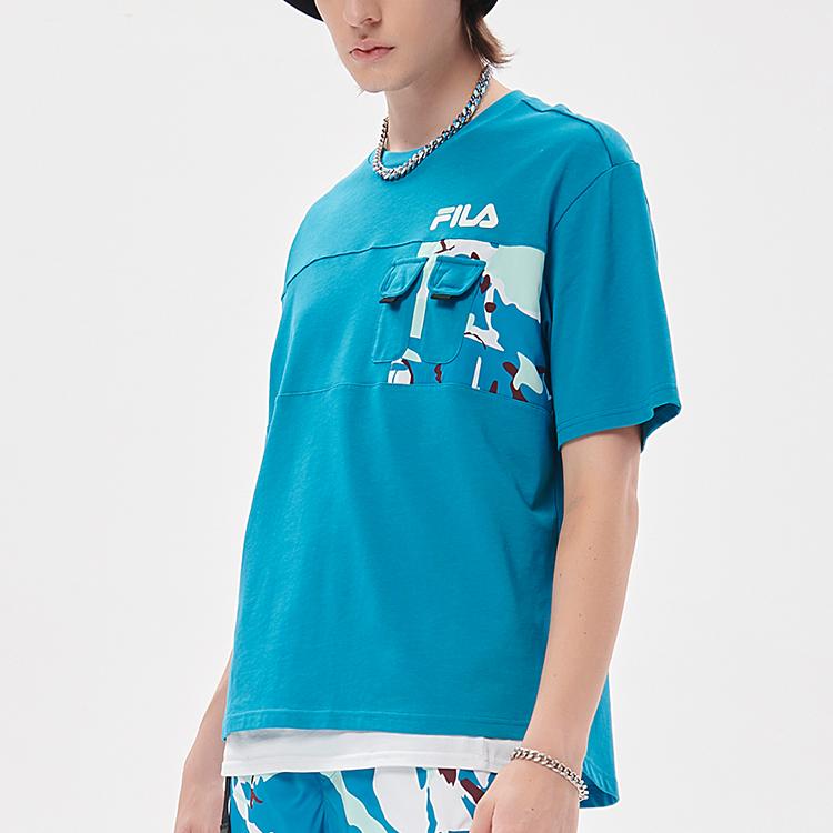 Fila Fusion Brand Logo Pocket Splicing Printed Loose Street Sports Casual Breathable Round Neck Short Sleeve Drop Shoulder T-Shirt T11M133107F-BU