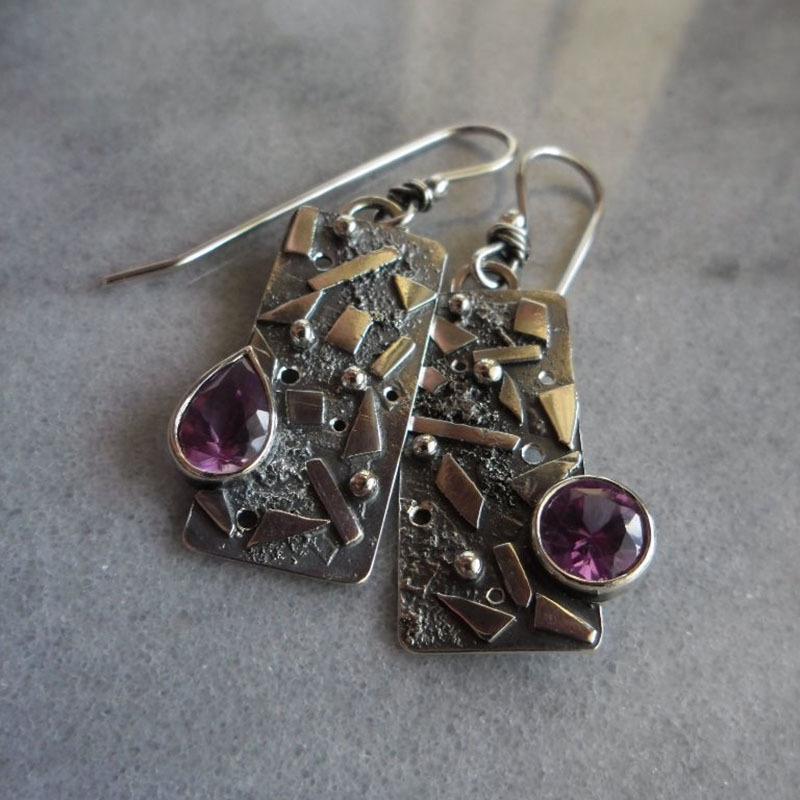 Asymmetrical Antique Silver Ethnic Style Amethyst Earrings