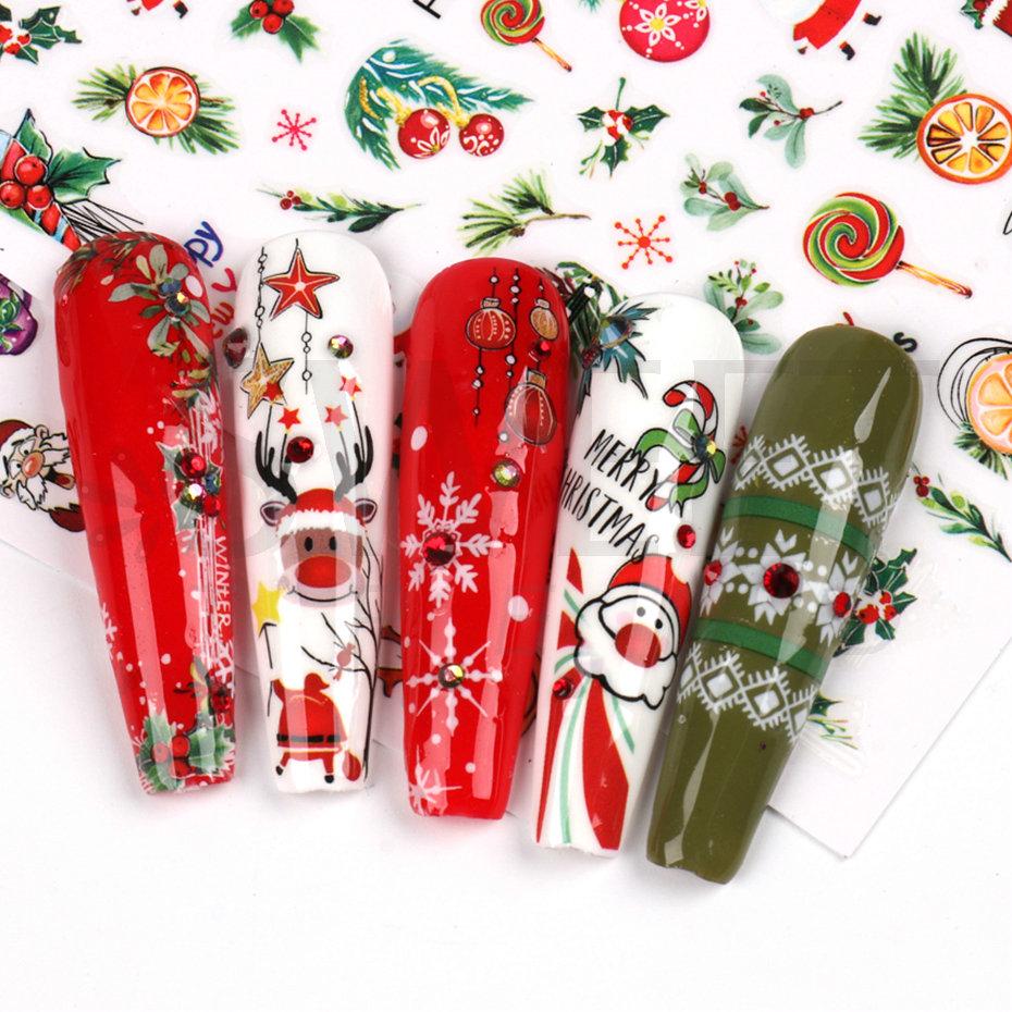 Autocollants pour ongles de noël, pingouin, père noël, élan, arbre, cerf, ours, curseur de dessin animé, flocons de neige blancs, décalcomanies, décorations pour Nail Art