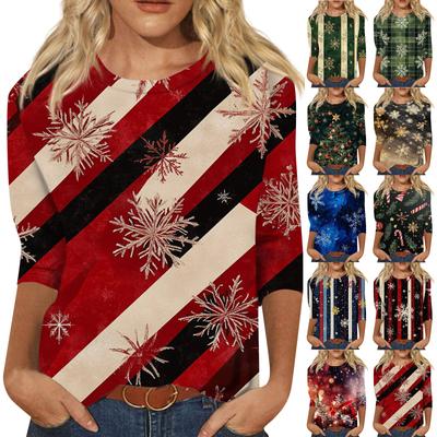 Women's Fashion Casual Seven Sleeve Christmas Printed Round Neck Top