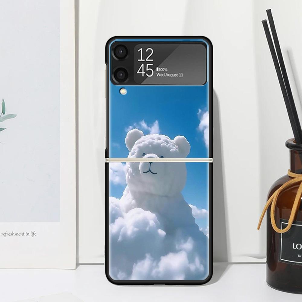 Sunny Clouds Teddy Bear Phone Case Cover for Samsung Galaxy Z Flip 7 6 5 4 3 5G Flip3 Flip4 Flip5 ZFlip6 ZFlip7 Black Fundas Cle