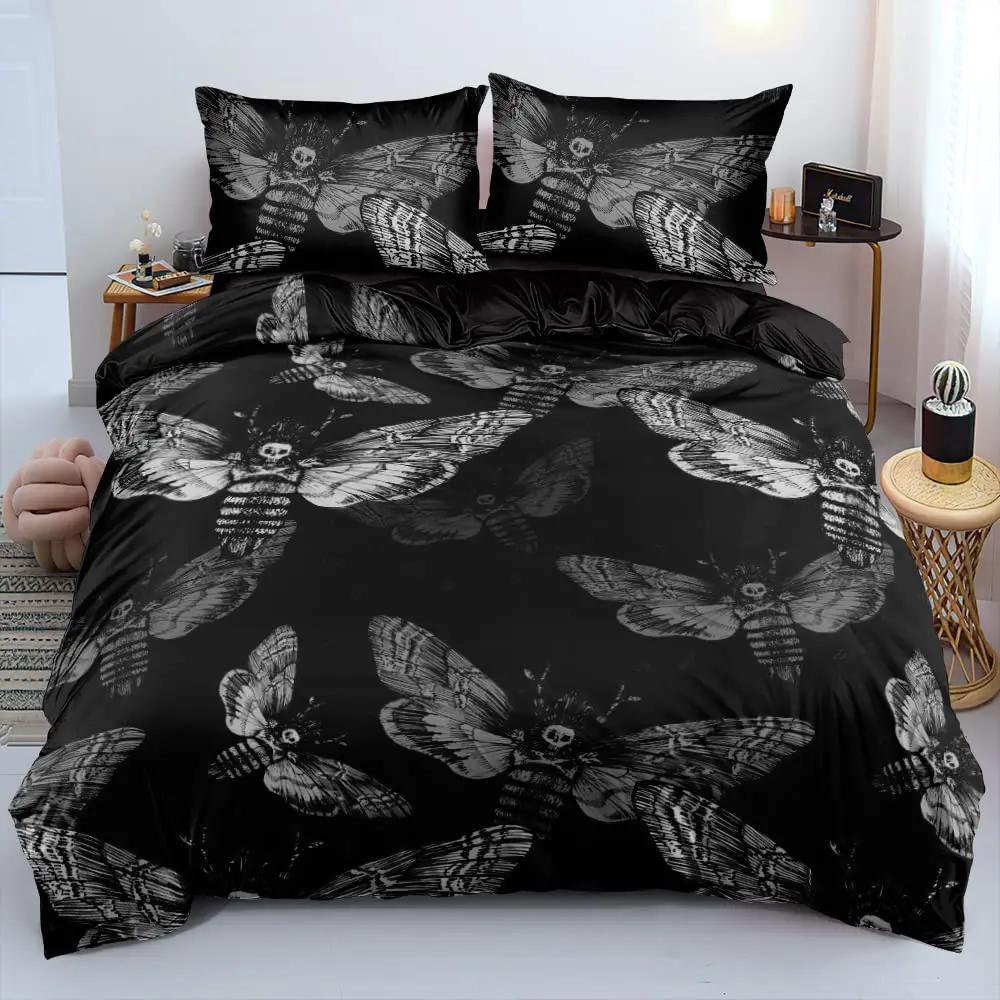 Gold Gothic Moth Duvet Cover Set Plant Pattern Bedding Sets Ultra Soft Lightweight Microfiber Queen King Comforter Cover 2/3 Pcs