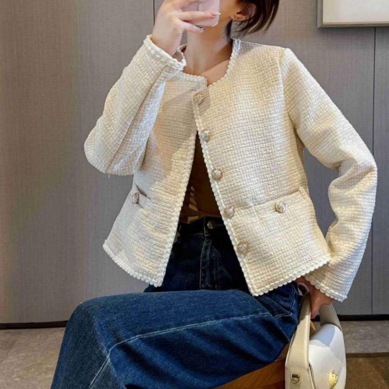 Womens Beige Tweed Short Blazer Coat French Chic Style Round Neck Single Breasted Casual Elegant Outerwear