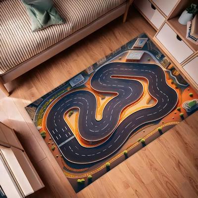 Alfombra Infantil Pista de Carreras - Diseño Curvo 3D con Coche de Carreras y Bandera a Cuadros Decoración del Hogar Alfombra para el Suelo Alfombras para el Dormitorio