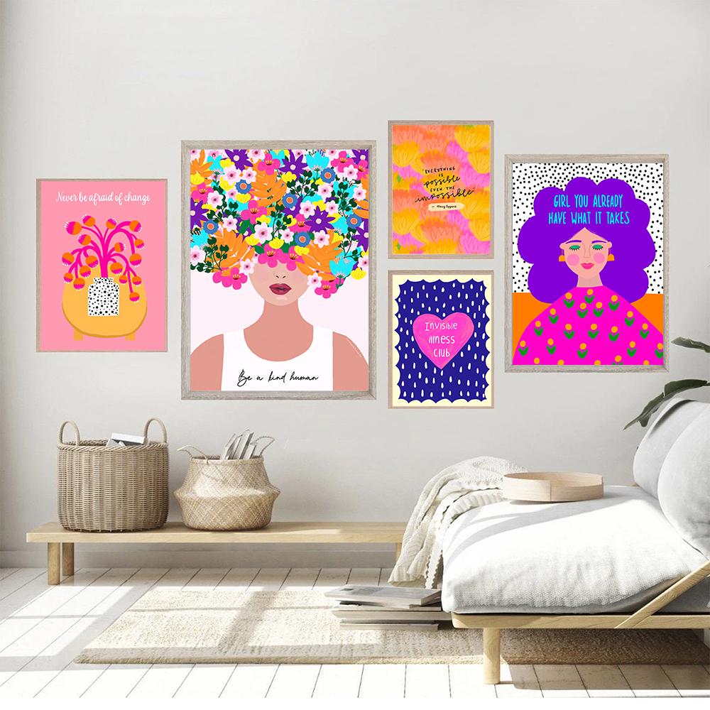 Positive Kind Girl Quote Poster Wall Art Print Abstract Pink Flower Canvas Painting Colorful Boho Living Room Home Decor Picture