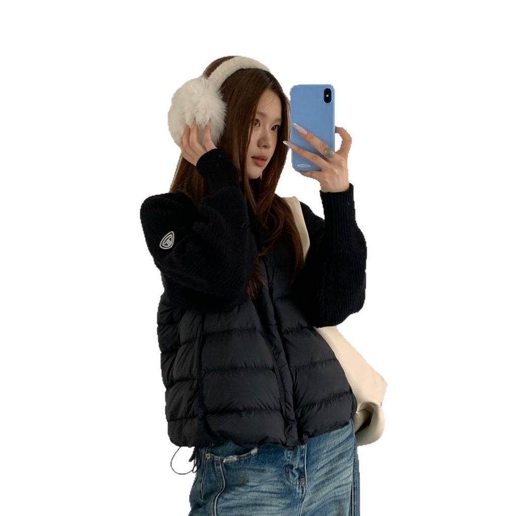 Knitted splicing stand-up collar down jacket women's winter short white duck down small fashionable loose warm jacket