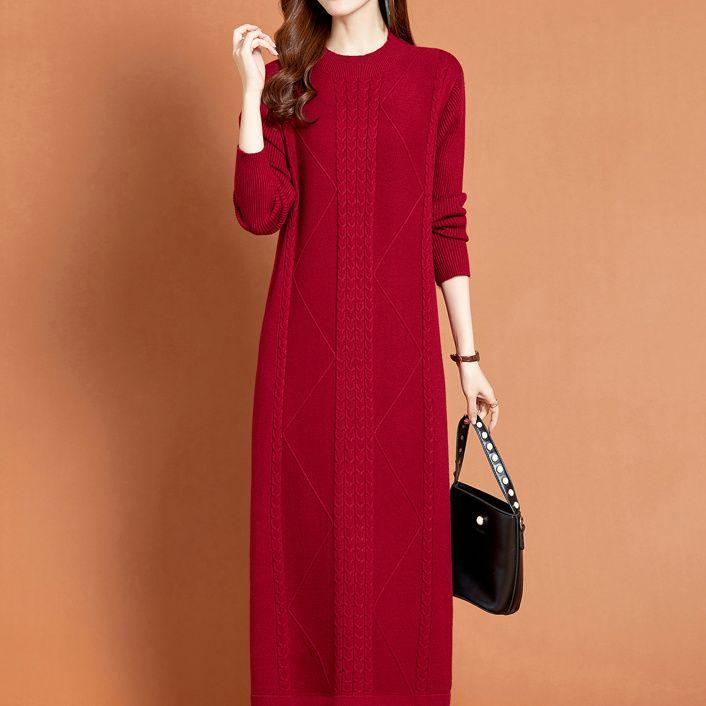 Knitted Dress for Women Mid-length Straight Sweater Dress Long Pullover Loose Knitted Sweater Knee-length Base Sweater