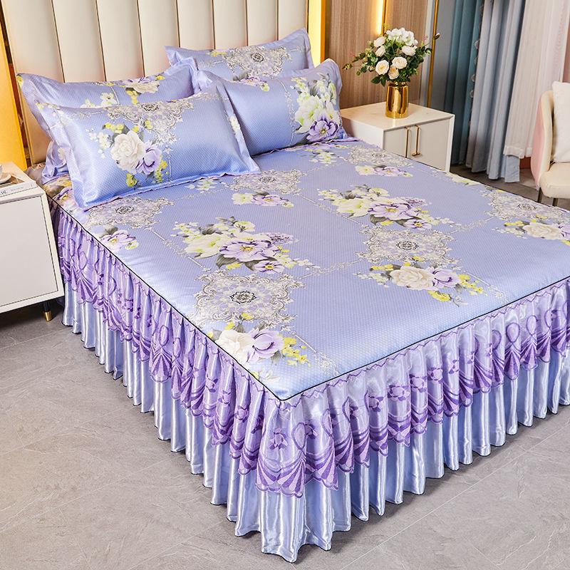 Ice Silk Lace Bed Skirt & Cool Mat Set - Breathable Rattan Design