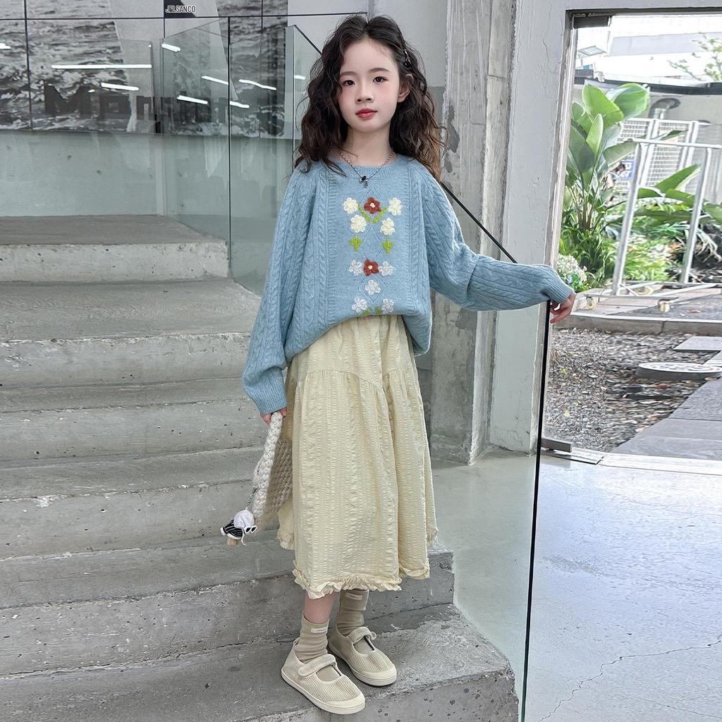 Strickpullover & Rock Set für Mädchen Herbst 2025 - Zweiteiler im koreanischen Stil für große Kinder.