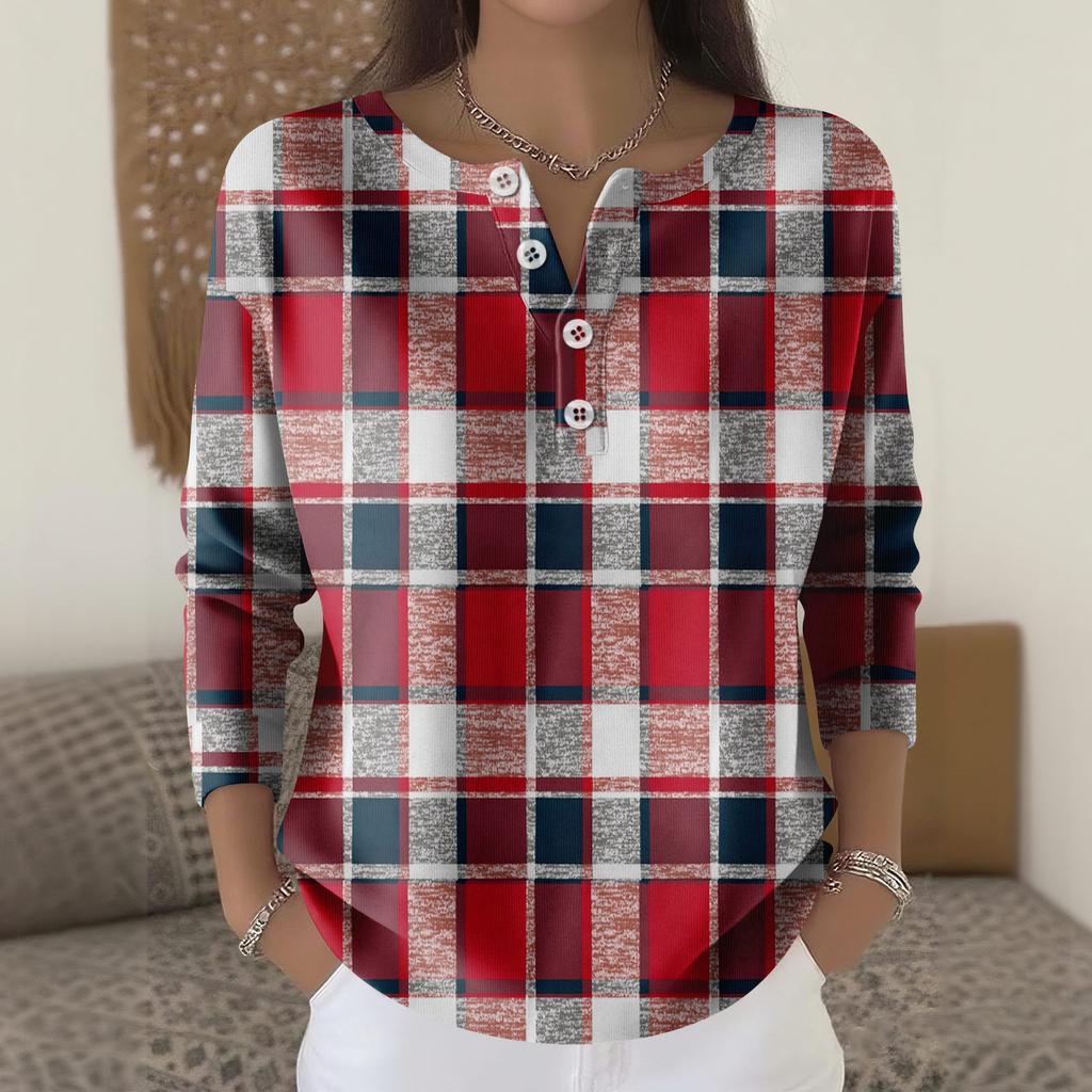Women's Fashion Long Sleeve Plaid Geometric Print Top Elegant Casual Top
