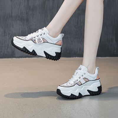 Rhinestone Hollow Dad Shoes Women's Hole Thick Sole 2025 New Summer Height Increase Muffin Casual Sports White Shoes