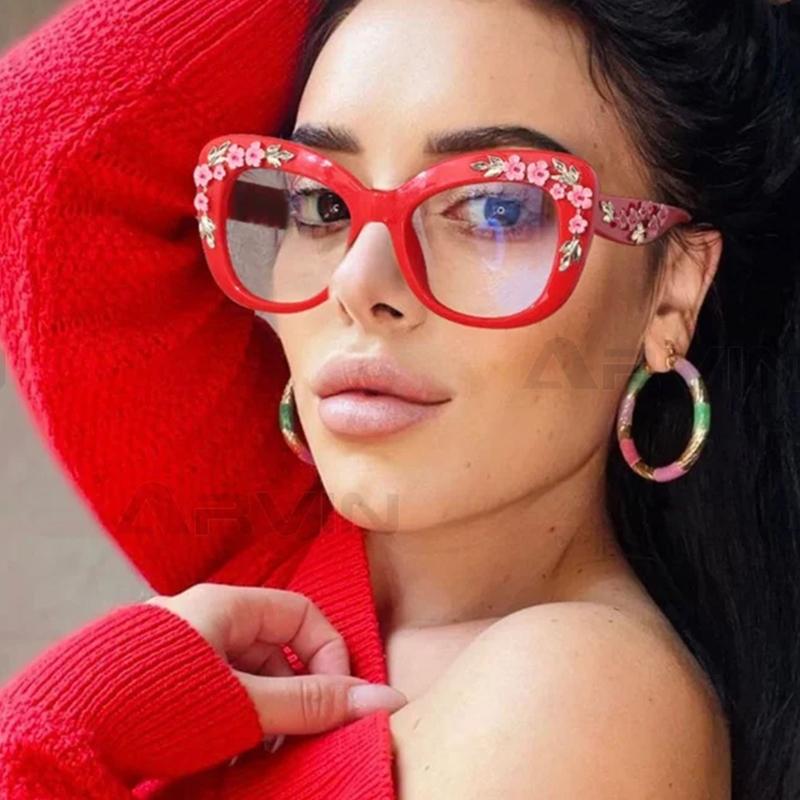Flower Sunglasses Women Cat Eye Glasses Frame Anti Blue Light Blocking Computer Eyeglasses Ladies Vintage Spectacles Frames