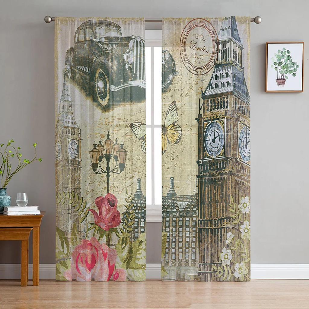 Alphabet Car Machinery Vintage Car Retro Tulle Sheer Window Curtains for Living Room Bedroom Voile Organza Curtains Drapes