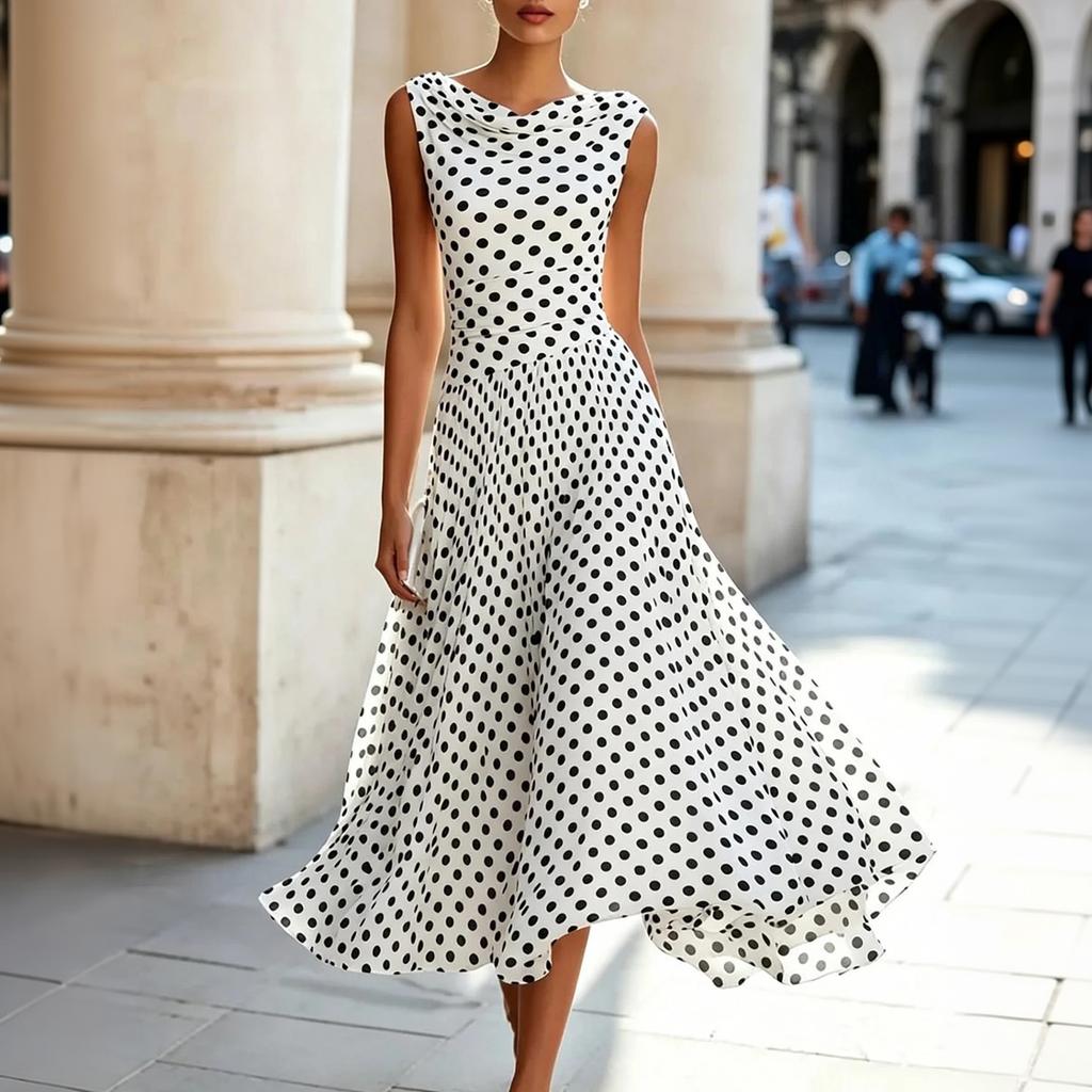 Women Sleeveless Polka Dot Style Midi Dress Elegant A Line Fit and Flare Lightweight Summer Dress for Daily Wear