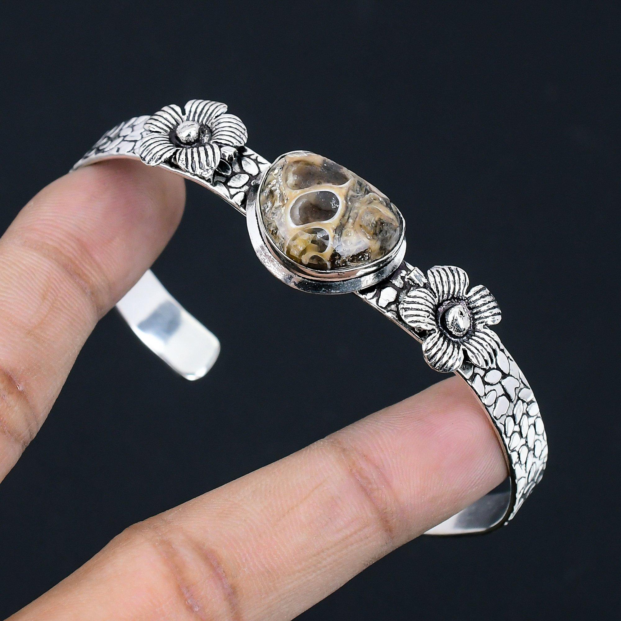 

Sisters Day Deal Sterling Silver Turritella Agate Gemstone Flower Bangle Jewelry Adjustable