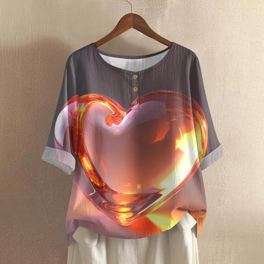 Damska casualowa i wygodna bawełniano-lniana bluzka z okrągłym dekoltem, średniej długości, z modnym nadrukiem