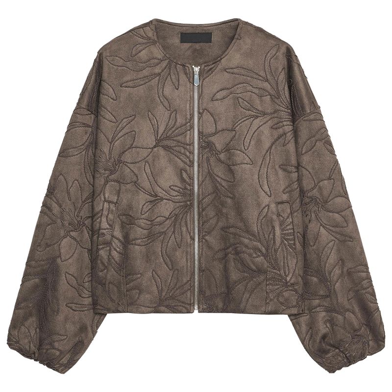 

Zaprha 2025 Осень Новая Замшевая Текстура Круглый Вырез Длинный рукав Вышивка Куртка-бомбер Верхняя одежда 8372292 Khaki L