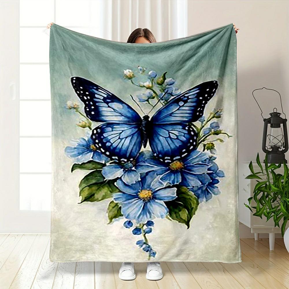 Blue Butterfly on Floral Background Flannel blanket for bedroom living room sofa and nap