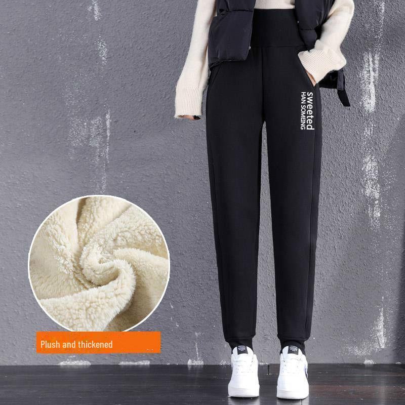 Dámské kalhoty s vysokým pasem, podšité beránkovým fleecem - Podzimní/Zimní Teplé Ležérní Tepláky