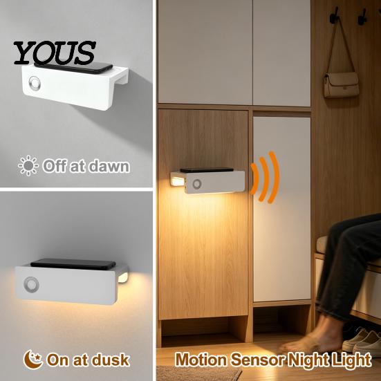 Battery Operated Wall Sconce Motion Sensor Night Light with Phone Stand, 3000K Warm Glow, 30 Degrees Downward Rechargeable Bedside Lamp Beam, No