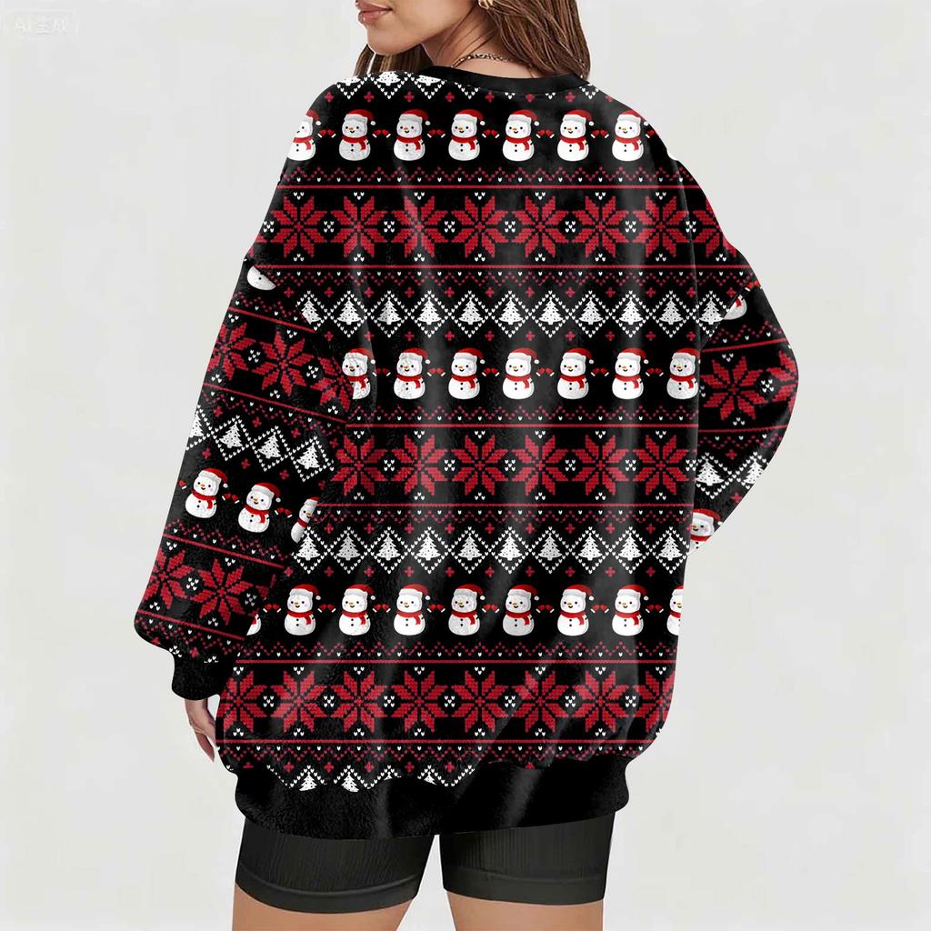 Women's Fashionable V-neck Christmas Printed Long Sleeved Casual Pullover Plush Warm Pocket Sweatshirt Top