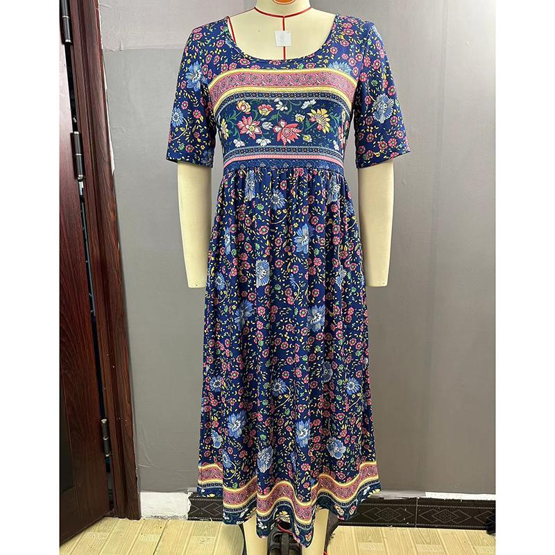 Sommer Böhmisch Bedrucktes Übergröße Damenkleid Mode Rundhals Kurzarm Lässige Lange Kleider Damen Elegant A-Linie Urlaubs Strandkleid 26653